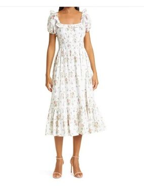 LoveShackFancy Terrence Tiered White Floral Midi Dress size Medium